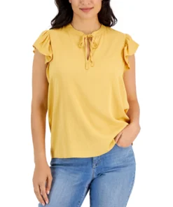 Style & Co Women's Woven Flutter-Sleeve Tie-Neck Top, Created For Macy's -CeCe cloth-shop 22332354 fpx