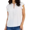 Style & Co Women's Woven Flutter-Sleeve Tie-Neck Top, Created For Macy's