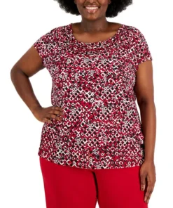 Kasper Plus Size Geo-Print Cowlneck Short-Sleeve Knit Top