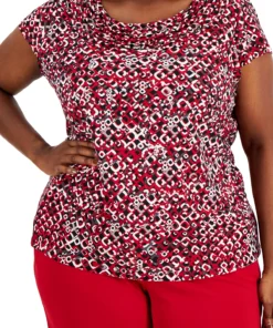 Kasper Plus Size Geo-Print Cowlneck Short-Sleeve Knit Top -CeCe cloth-shop 22336485 fpx