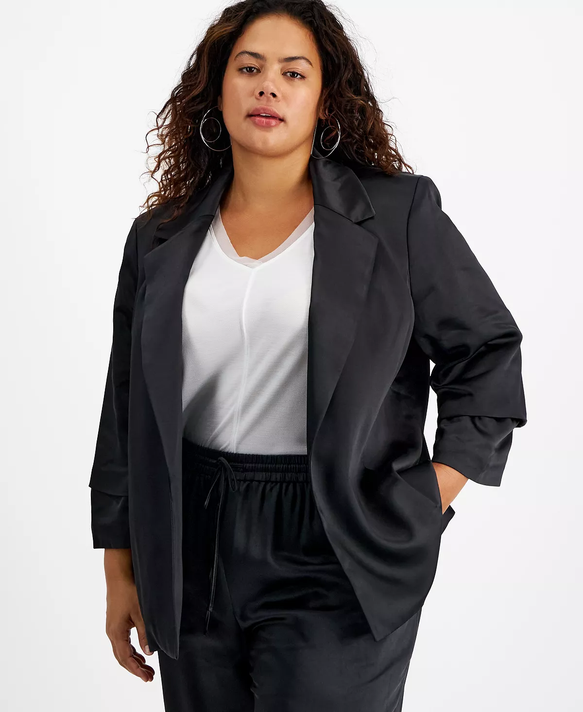 Bar III Plus Size Washed Satin Pleated-Sleeve Jacket, Created For Macy's 3 Bar III Plus Size Washed Satin Pleated-Sleeve Jacket, Created For Macy's - Image 3