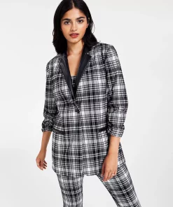 Bar III Women’s Plaid-Print Faux-Leather-Trim Blazer, Created For Macy’s -CeCe cloth-shop 22338098 fpx