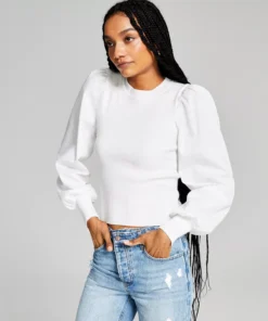 And Now This Women's Mixed-Media Puff-Sleeve Top