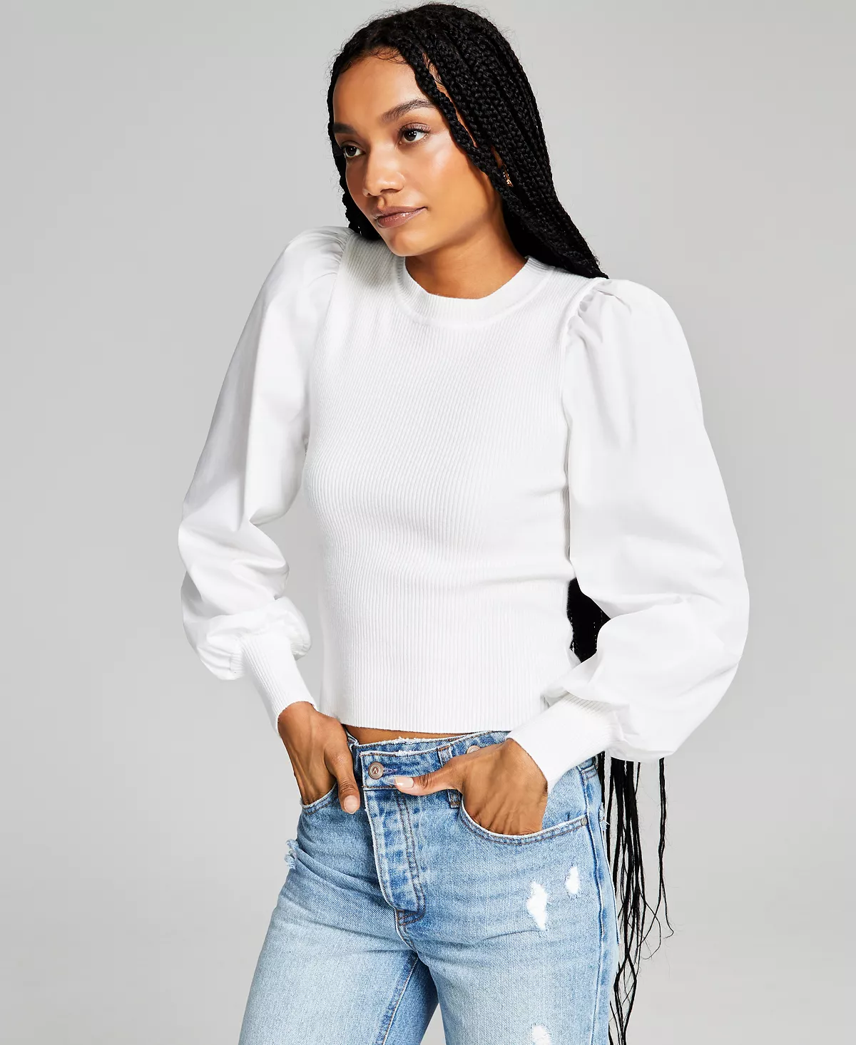 And Now This Women's Mixed-Media Puff-Sleeve Top 1 And Now This Women's Mixed-Media Puff-Sleeve Top