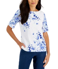 Karen Scott Women's Printed Elbow-Sleeve Boatneck Top, Created For Macy's 8 Karen Scott Women's Printed Elbow-Sleeve Boatneck Top, Created For Macy's -CeCe cloth-shop 22345697 fpx