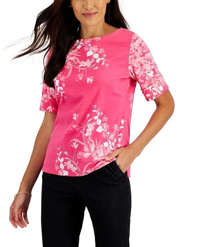 Karen Scott Women's Printed Elbow-Sleeve Boatneck Top, Created For Macy's 1 Karen Scott Women's Printed Elbow-Sleeve Boatneck Top, Created For Macy's