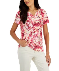 Karen Scott Women's Short-Sleeve Floral-Print Henley Top, Created For Macy's