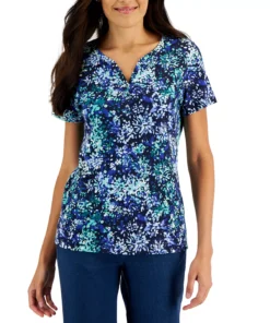 Karen Scott Women's Short-Sleeve Floral-Print Henley Top, Created For Macy's -CeCe cloth-shop 22346017 fpx