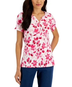 Karen Scott Women's Short-Sleeve Floral-Print Henley Top, Created For Macy's