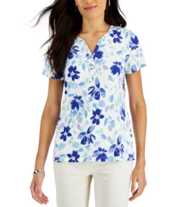 Karen Scott Women's Short-Sleeve Floral-Print Henley Top, Created For Macy's -CeCe cloth-shop 22346032 fpx