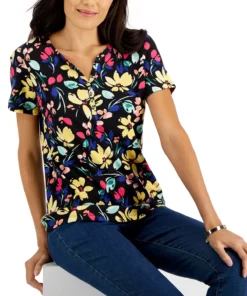 Karen Scott Women's Short-Sleeve Floral-Print Henley Top, Created For Macy's -CeCe cloth-shop 22346033 fpx