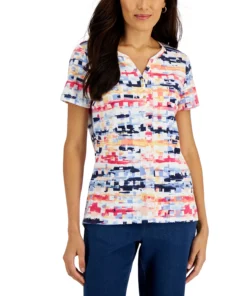Karen Scott Women's Printed Short-Sleeve Henley Top, Created For Macy's