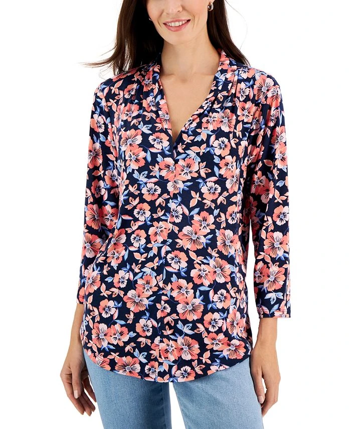 Charter Club Women's Floral Printed V-Neck Top, Created For Macy's 1 Charter Club Women's Floral Printed V-Neck Top, Created For Macy's