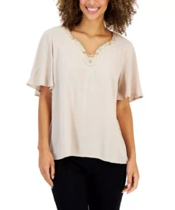 JM Collection Women's Embellished Split-Neck Top, Created For Macy's -CeCe cloth-shop 22354592 fpx