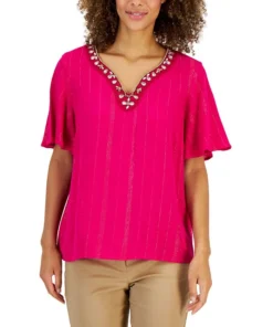 JM Collection Women's Embellished Split-Neck Top, Created For Macy's