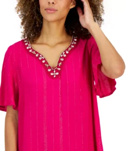 JM Collection Women's Embellished Split-Neck Top, Created For Macy's -CeCe cloth-shop 22354594 fpx