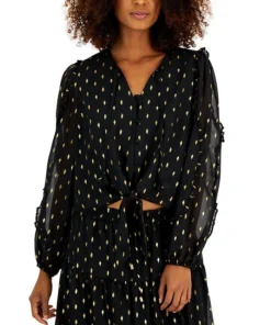 INC International Concepts Women's Long-Sleeve Metallic-Print Tie-Waist Blouse, Created For Macy's