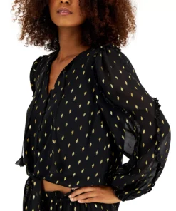 INC International Concepts Women's Long-Sleeve Metallic-Print Tie-Waist Blouse, Created For Macy's -CeCe cloth-shop 22360906 fpx