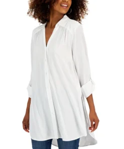 INC International Concepts Women's Roll-Tab Button-Down Long Blouse, Created For Macy's