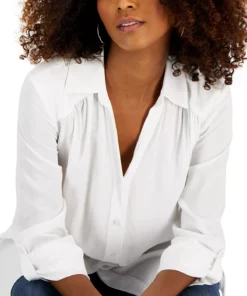 INC International Concepts Women's Roll-Tab Button-Down Long Blouse, Created For Macy's -CeCe cloth-shop 22360915 fpx