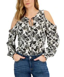 INC International Concepts Women's Printed Cold-Shoulder Top, Created For Macy's