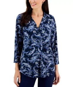 Charter Club Women's Paisley-Print V-Neck Knit Top, Created For Macy's -CeCe cloth-shop 22361648 fpx