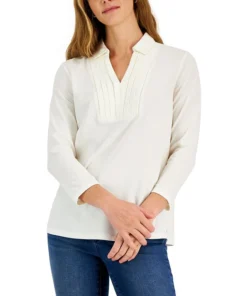 Charter Club Women's Piqué-Knit Pleated-Neck Top, Created For Macy's
