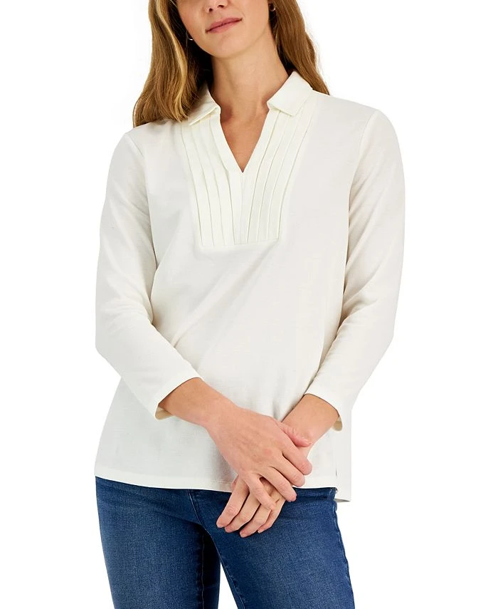 Charter Club Women's Piqué-Knit Pleated-Neck Top, Created For Macy's 1 Charter Club Women's Piqué-Knit Pleated-Neck Top, Created For Macy's