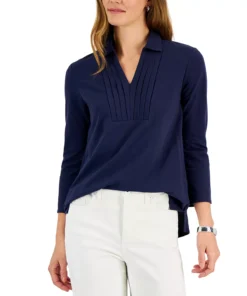 Charter Club Women's Piqué-Knit Pleated-Neck Top, Created For Macy's 9 Charter Club Women's Piqué-Knit Pleated-Neck Top, Created For Macy's -CeCe cloth-shop 22362014 fpx