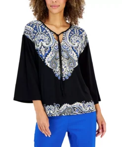 JM Collection Women's Printed Tie-Neck Top, Created For Macy's