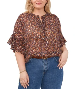 Vince Camuto Plus Size Printed Split-Neck Ruffle-Sleeve Blouse