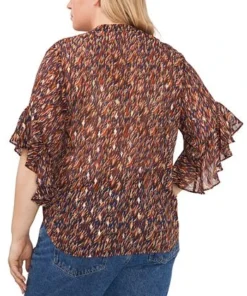 Vince Camuto Plus Size Printed Split-Neck Ruffle-Sleeve Blouse -CeCe cloth-shop 22371037 fpx