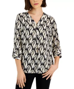JM Collection Women's Flicker Print Y-Neck Top, Created For Macy's