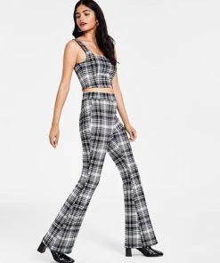 Bar III Women’s Plaid-Print Flare-Leg Pants, Created For Macy’s -CeCe cloth-shop 22371698 fpx