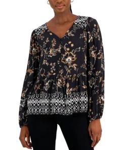 Style & Co Women's Printed V-Neck Peasant Top, Created For Macy's