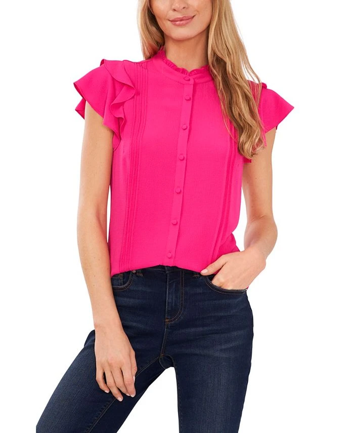CeCe Women's Short Sleeve Pin-tuck Ruffled Button-up Blouse 1 CeCe Women's Short Sleeve Pin-tuck Ruffled Button-up Blouse
