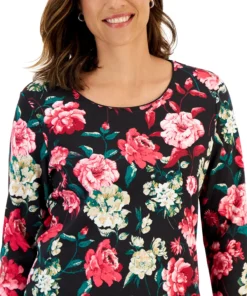 Karen Scott Women's Long-Sleeve Rose Print Top, Created For Macy's -CeCe cloth-shop 22419284 fpx