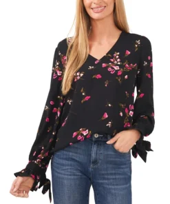 CeCe Women's Long Sleeve V-Neck Tie-Sleeve Blouse