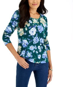 Karen Scott Women's Long-Sleeve Rose Print Top, Created For Macy's -CeCe cloth-shop 22474586 fpx
