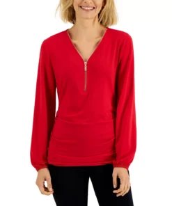 JM Collection Women's Zip-Front Ruched Top, Created For Macy's -CeCe cloth-shop 22476900 fpx