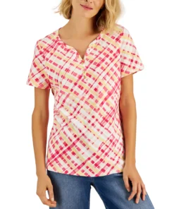 Karen Scott Women's Plaid Relaxed Henley Knit Top, Created For Macy's -CeCe cloth-shop 22514555 fpx