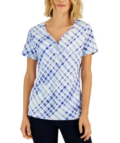 Karen Scott Women's Plaid Relaxed Henley Knit Top, Created For Macy's