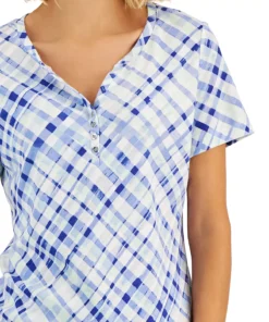 Karen Scott Women's Plaid Relaxed Henley Knit Top, Created For Macy's -CeCe cloth-shop 22514560 fpx