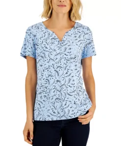 Karen Scott Women's Printed Relaxed Knit Henley Top, Created For Macy's -CeCe cloth-shop 22514590 fpx