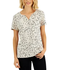 Karen Scott Women's Printed Relaxed Knit Henley Top, Created For Macy's