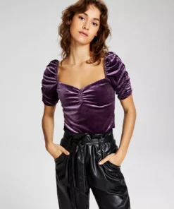 And Now This Women's Velvet Ruched-Sleeve Crop Top -CeCe cloth-shop 22541390 fpx