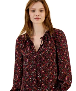 Bar III Women's Floral-Print Ruffle-Neck Top, Created For Macy's -CeCe cloth-shop 22541702 fpx