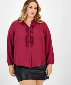 Bar III Plus Size Ruffled Split-Neck Blouse, Created For Macy's