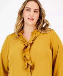 Bar III Plus Size Ruffled Split-Neck Blouse, Created For Macy's -CeCe cloth-shop 22541714 fpx