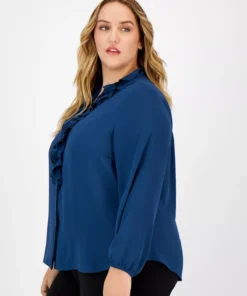 Bar III Plus Size Ruffled Split-Neck Blouse, Created For Macy's -CeCe cloth-shop 22541718 fpx